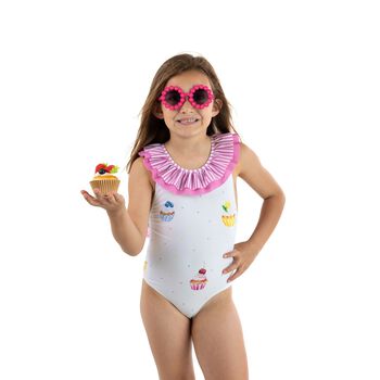 Girls White & Pink Cupcake Swimsuit