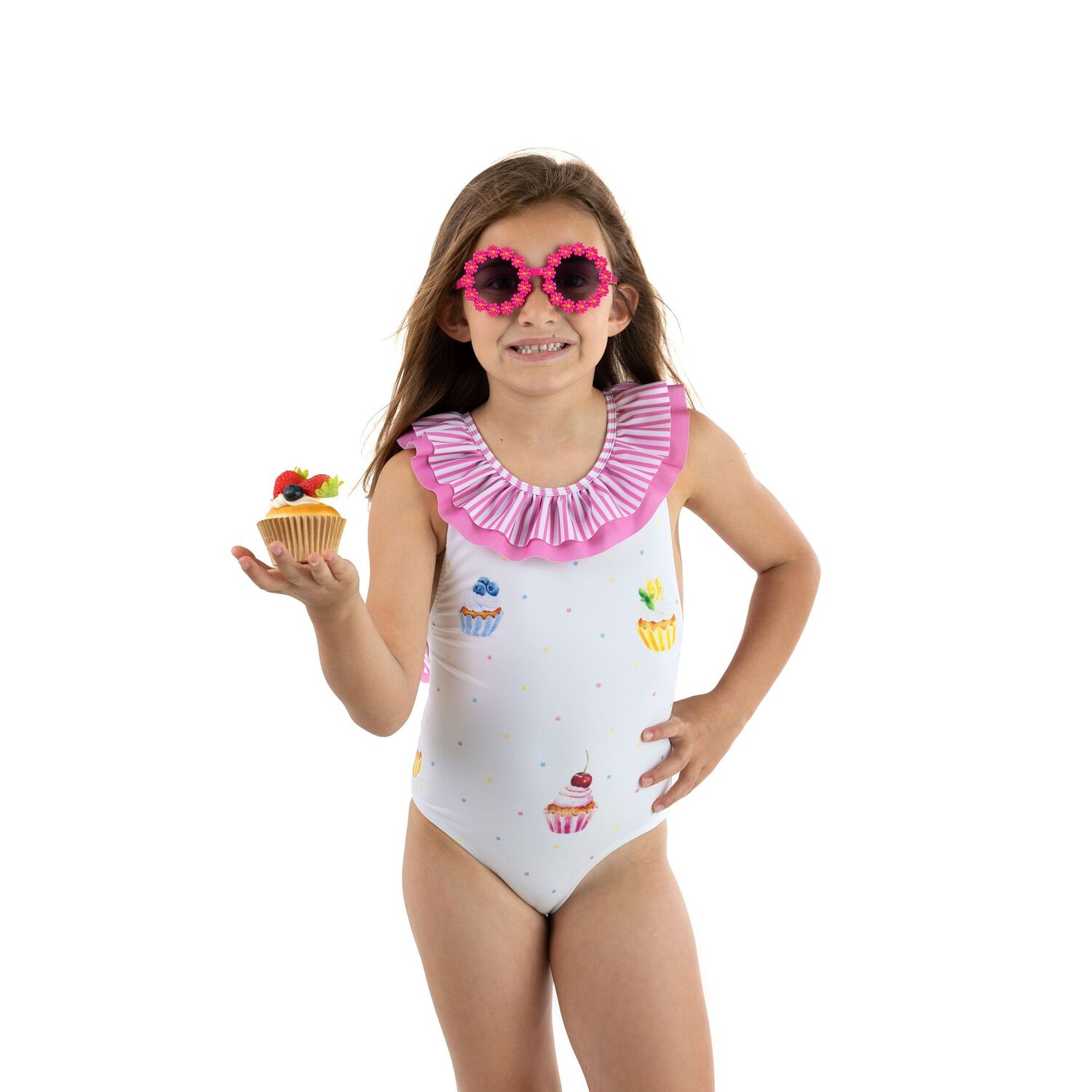 Girls White & Pink Cupcake Swimsuit, 1, hi-res image number null