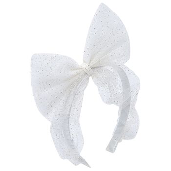 Girls White & Gold Glitter Tulle Bow Headband
