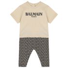 Beige Monogram Babygrow & Hat Set, 1, hi-res