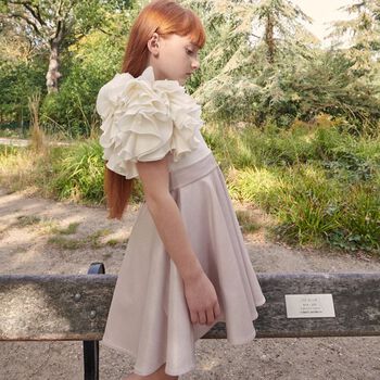 Girls White & Pink Jacquard Ruffle Dress