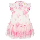 Girls White & Pink Rose Tulle Dress, 5, hi-res