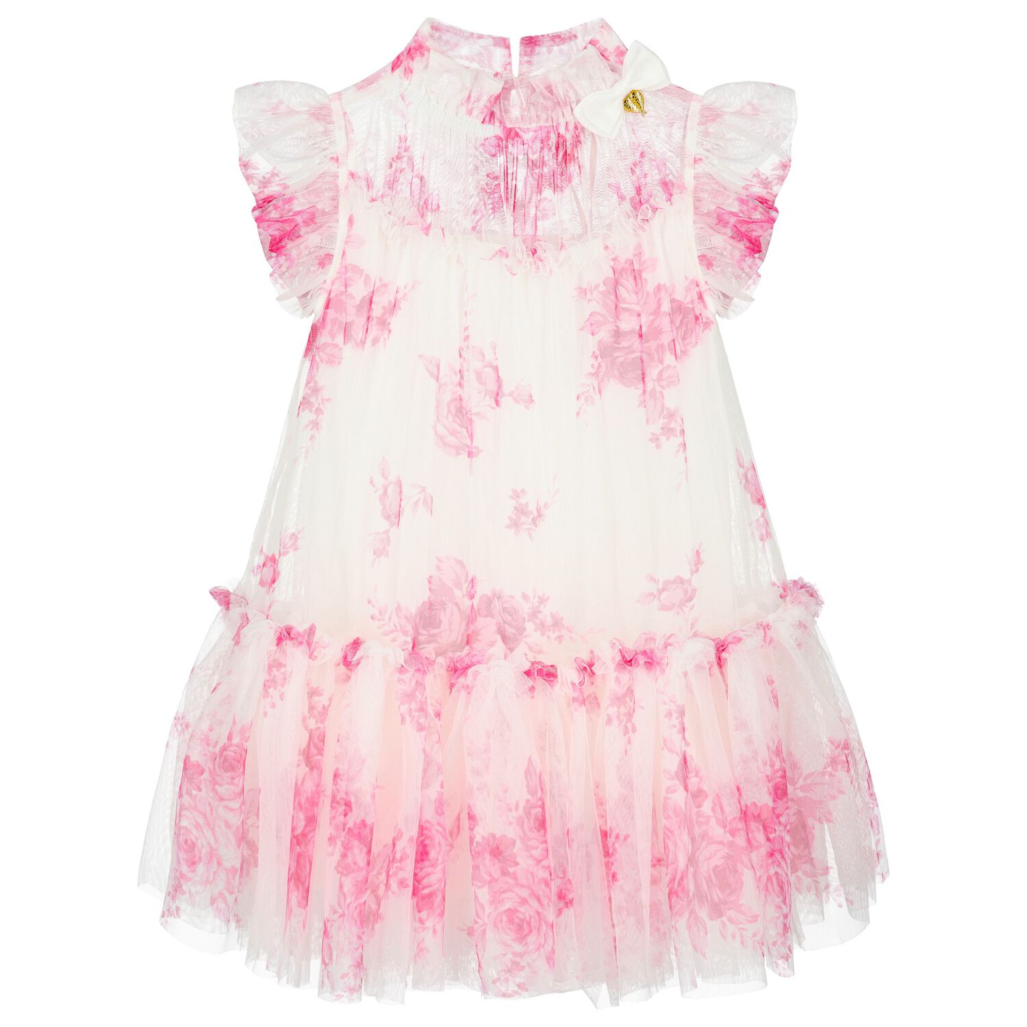 Girls White & Pink Rose Tulle Dress, 5, hi-res