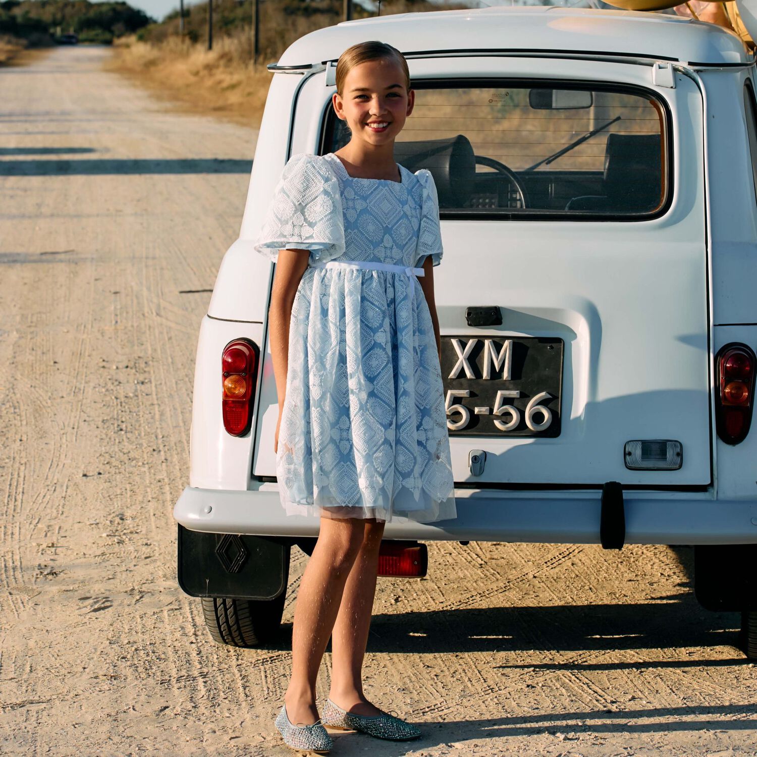 Girls Blue & White Embroidered Tulle Dress, 1, hi-res