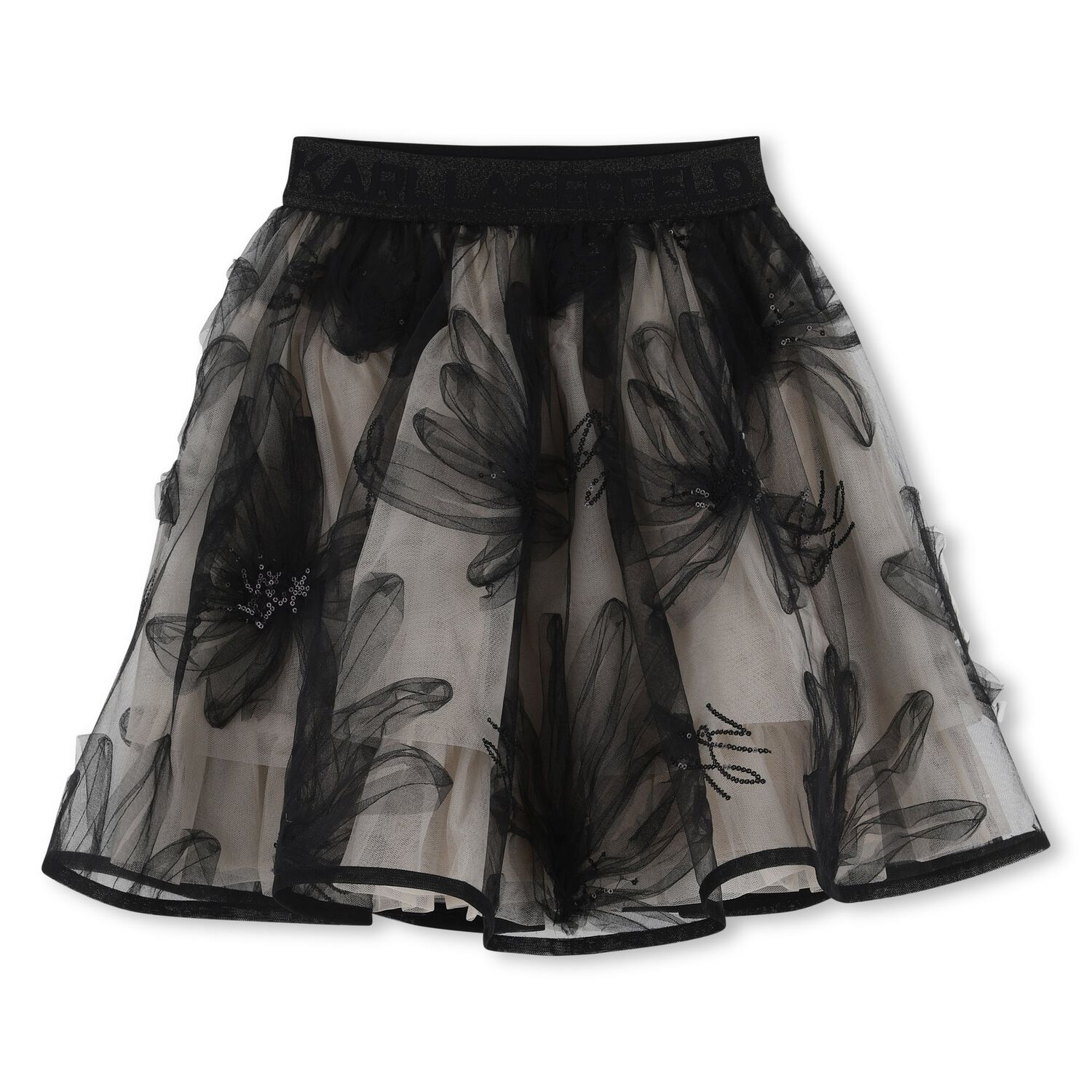 Girls Black & Beige Floral Tulle Skirt, 1, hi-res