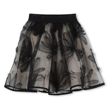 Girls Black & Beige Floral Tulle Skirt