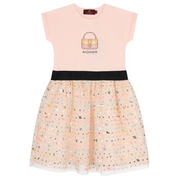 Girls Pink Logo Sequin Dress
