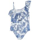 Girls White & Blue Palm Tree Swimsuit, 1, hi-res