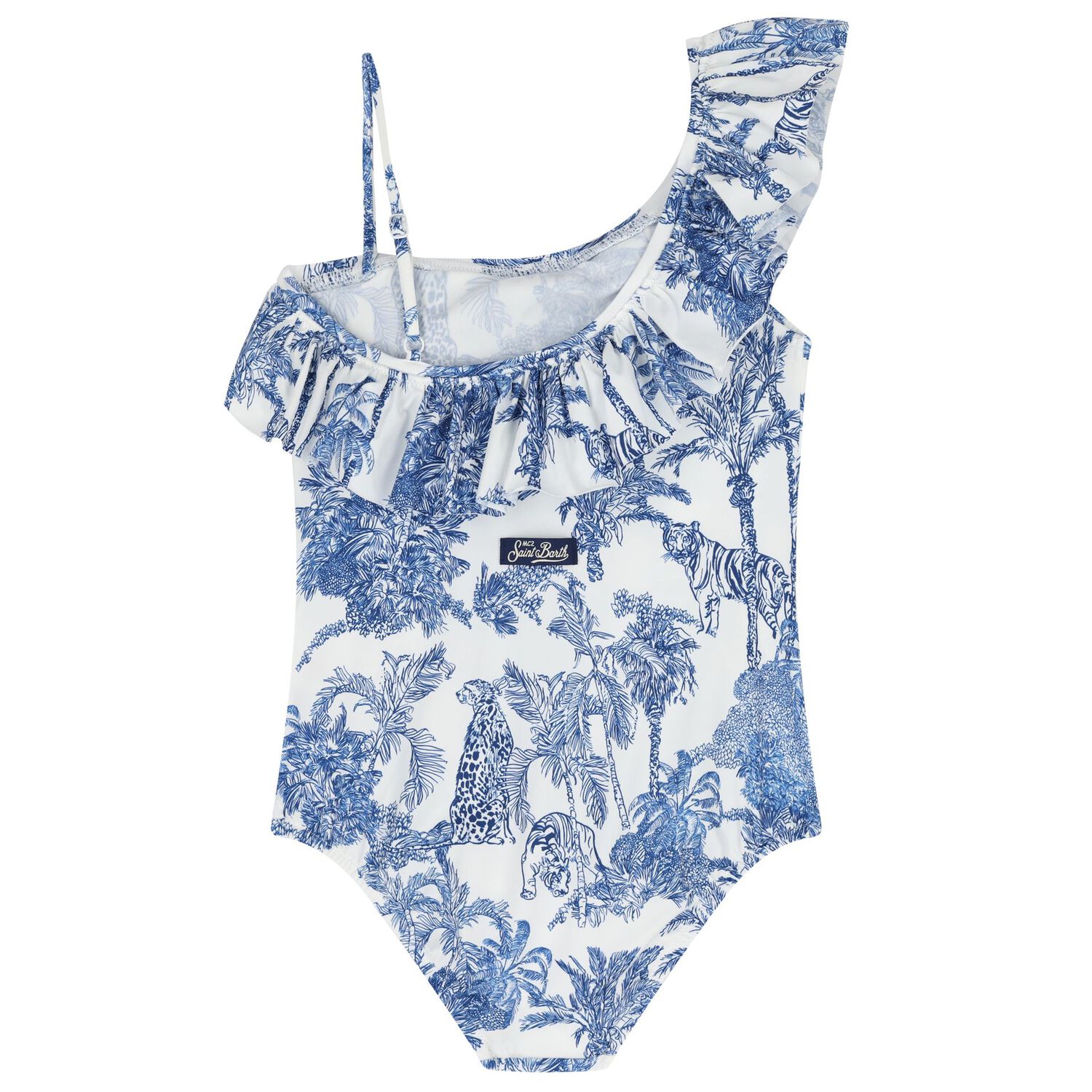 Girls White & Blue Palm Tree Swimsuit, 1, hi-res