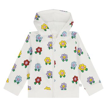 Younger Girls Ivory Flower Hooded Zip Up Top