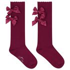 Girls Burgundy Satin Bow Socks, 1, hi-res