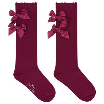 Girls Burgundy Satin Bow Socks