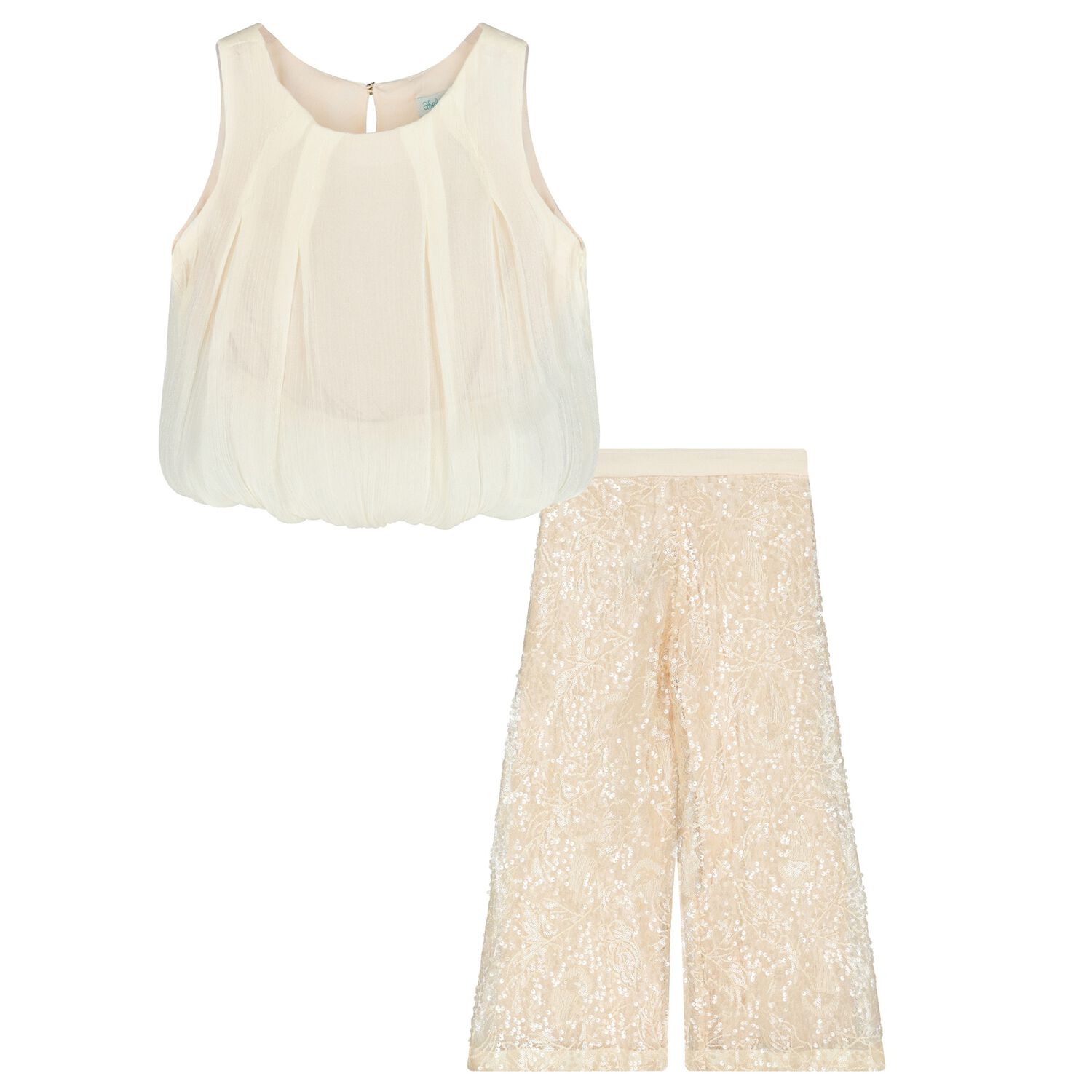 Girls Beige & Gold Chiffon & Sequin Lace Trousers Set, 1, hi-res