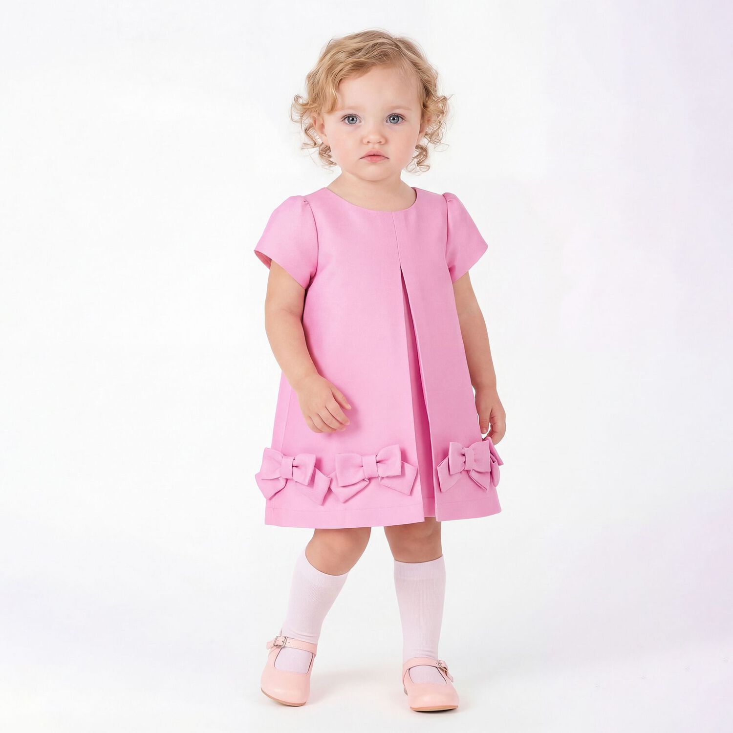 Baby Girls Pink Bow Dress , 1, hi-res