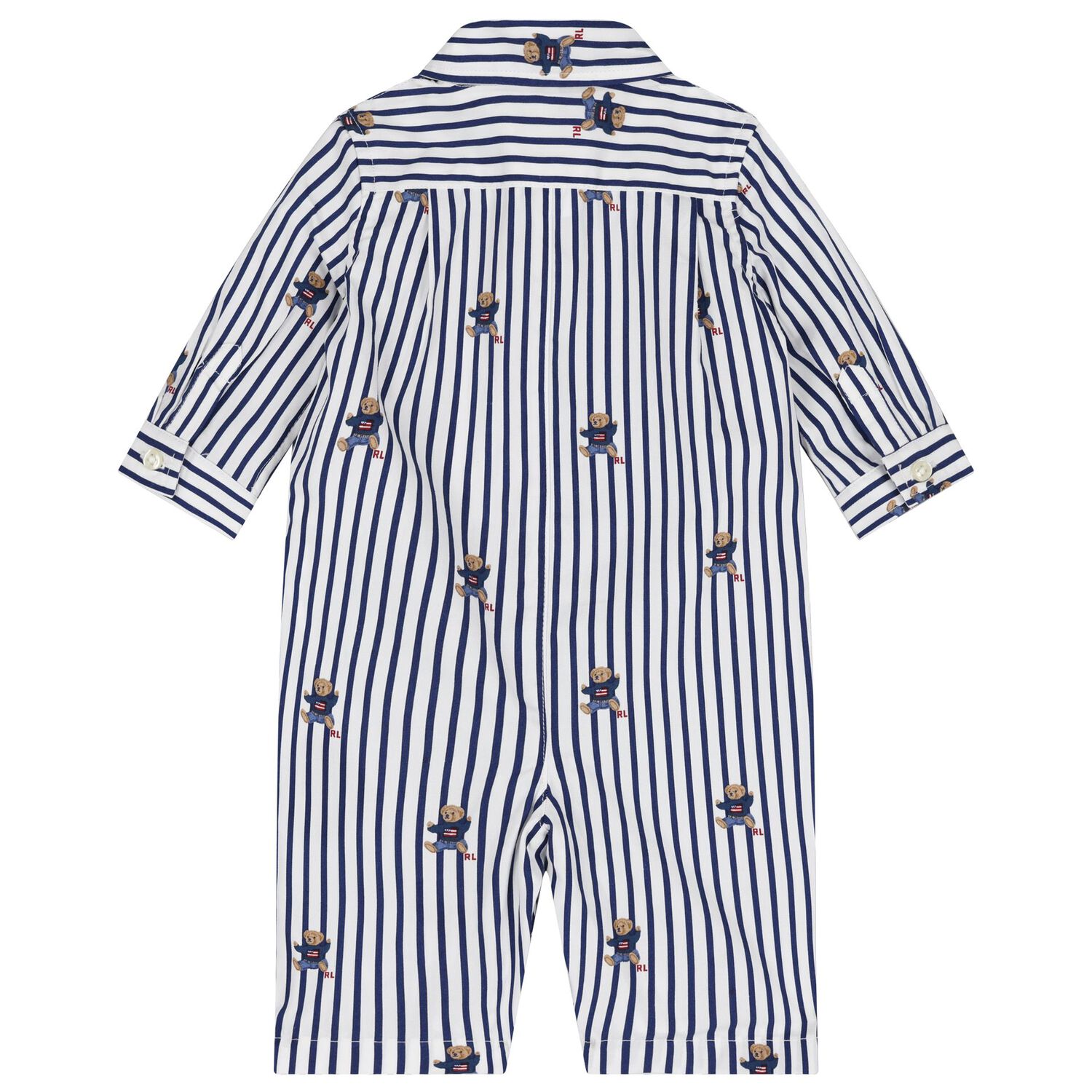 Baby Boys White & Blue Polo Bear Striped Romper, 1, hi-res