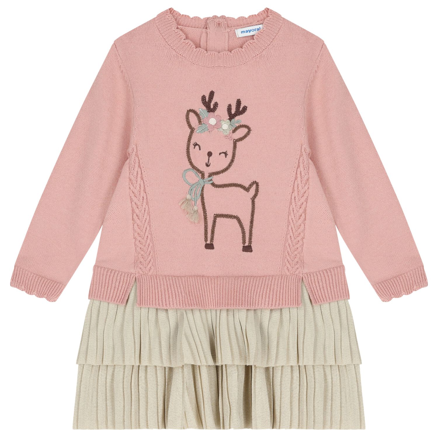 Younger Girls Pink & Beige Knitted Reindeer Dress, 2, hi-res