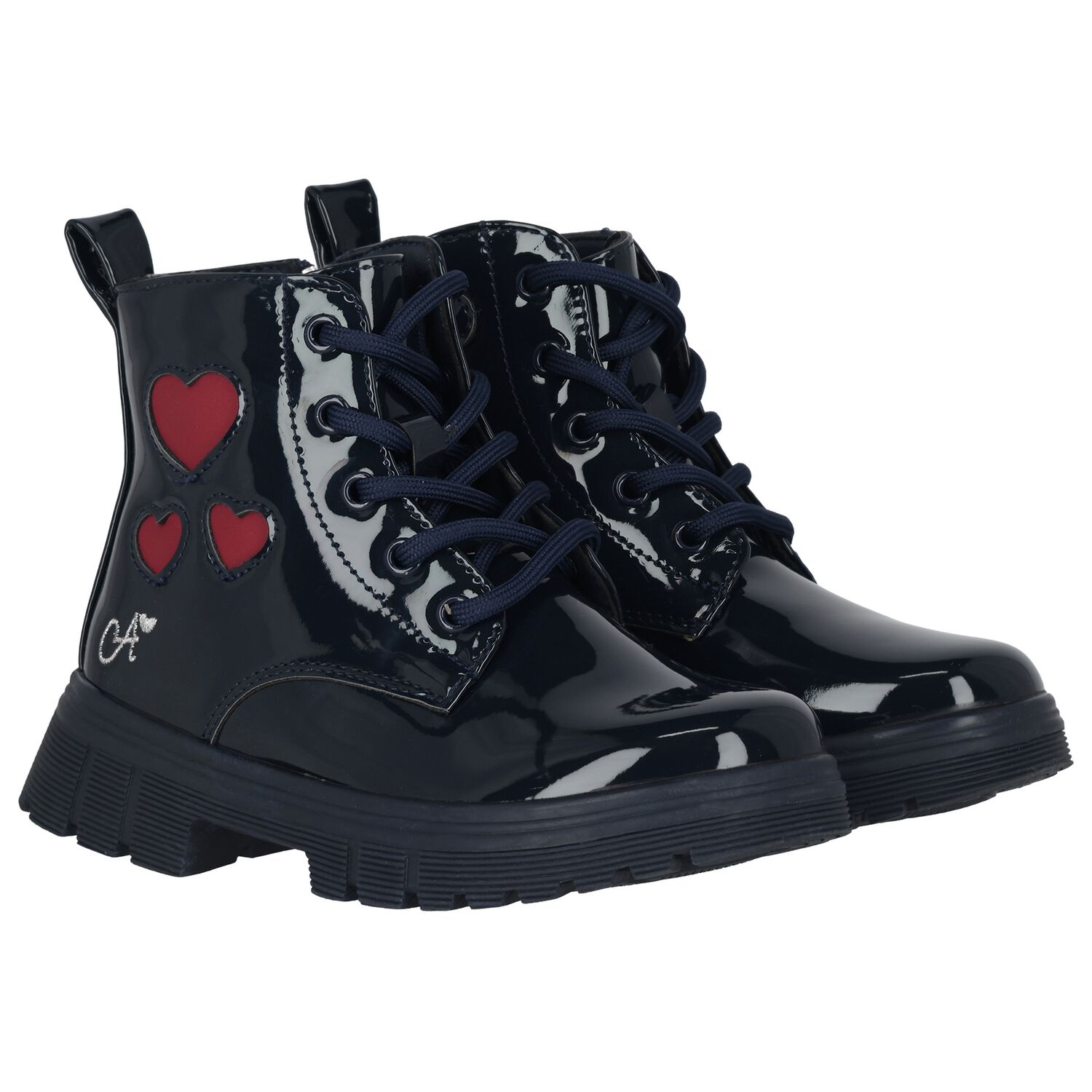 Girls Navy Blue Heart Patent Boots, 1, hi-res