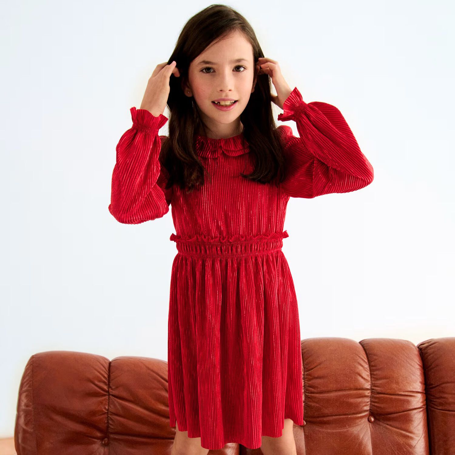 Girls Red Ruffle Plissé Dress , 1, hi-res