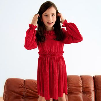 Girls Red Ruffle Plissé Dress 