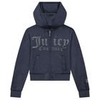 Girls Navy Blue Crystal Embellished Diamant&eacute; Logo Hooded Zip Up Top, 1, hi-res
