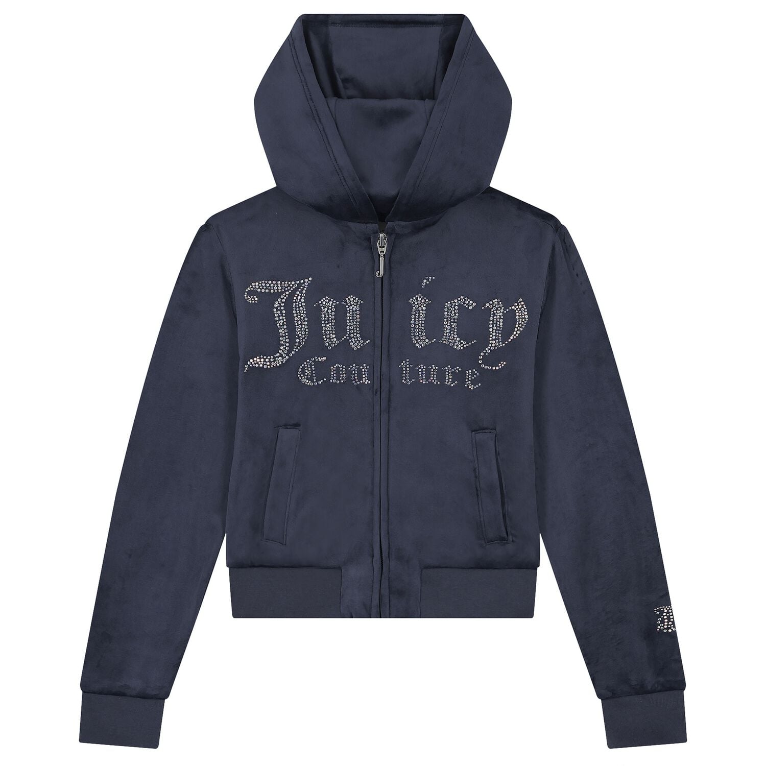 Girls Navy Blue Crystal Embellished Diamant&eacute; Logo Hooded Zip Up Top, 1, hi-res
