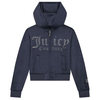 Girls Navy Blue Crystal Embellished Diamant&eacute; Logo Hooded Zip Up Top