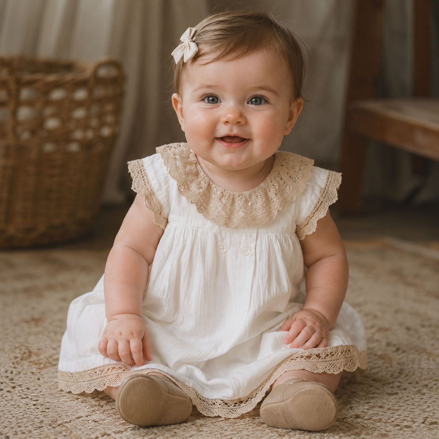 Baby Girls Ivory & Beige Lace Dress, 1, hi-res