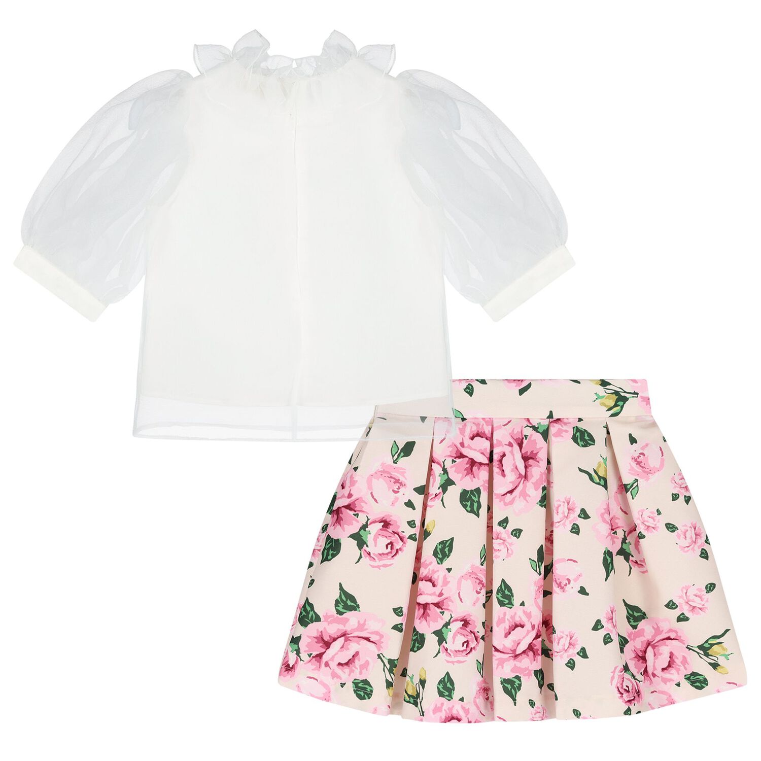 Girls White & Pink Floral Skirt Set, 1, hi-res