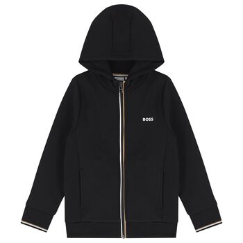 Boys Mini Me Black Logo Hooded Zip Up Top