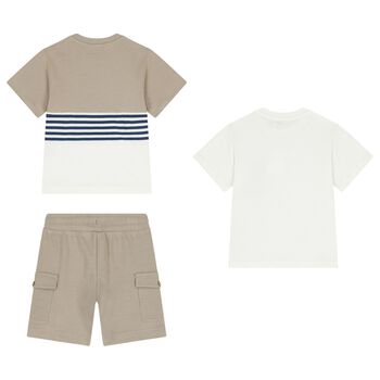 Boys White & Beige Shorts Set