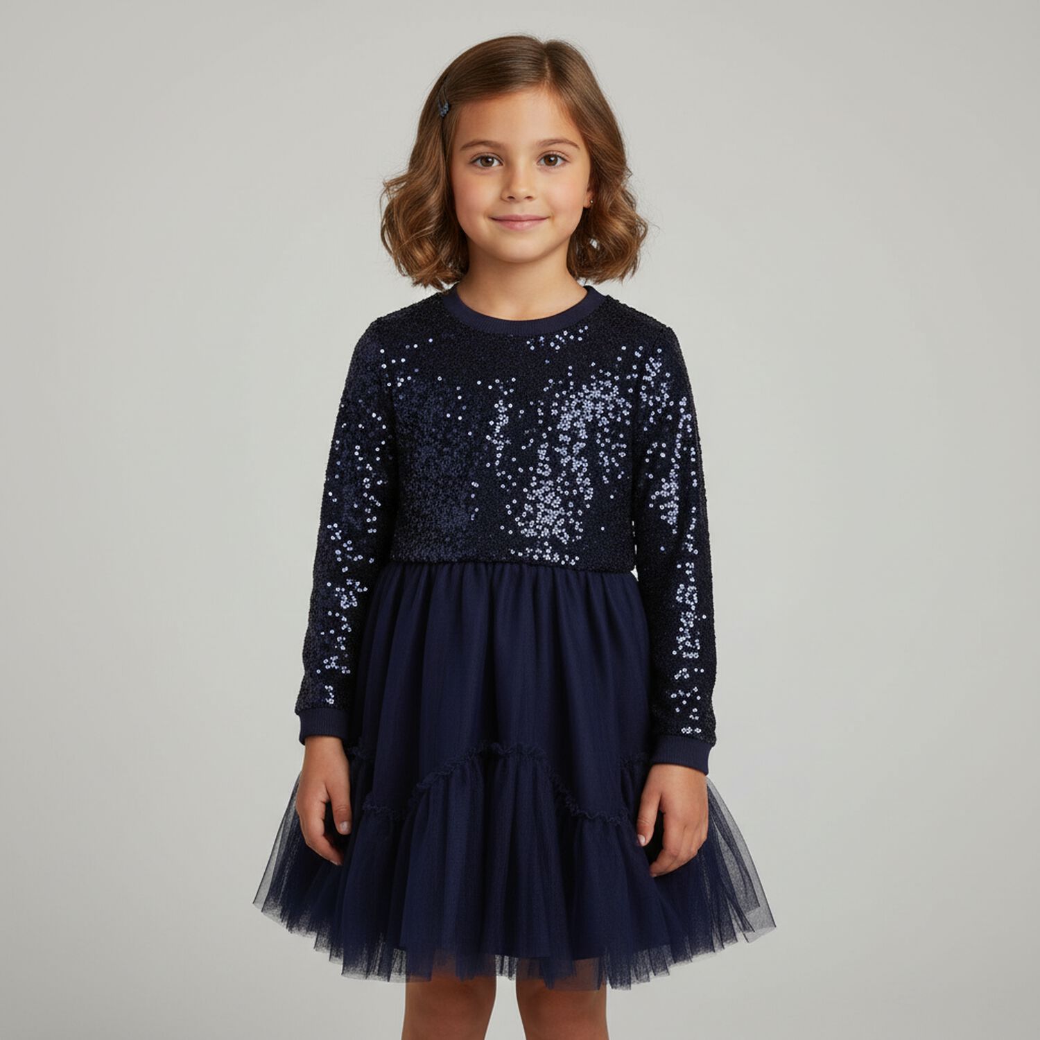 Girls Navy Blue Embellished Tulle Dress, 1, hi-res