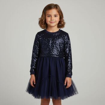Girls Navy Blue Embellished Tulle Dress