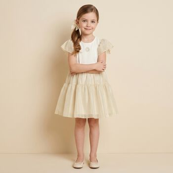 Younger Girls White & Gold Logo Dress