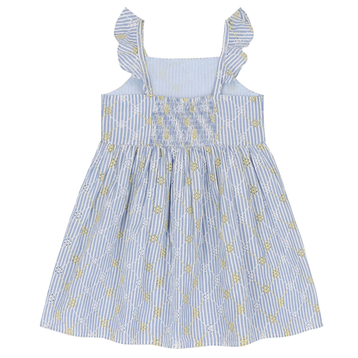 Girls Blue Striped Broderie Cotton Dress, 1, hi-res
