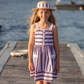 Girls White & Navy Striped Dress