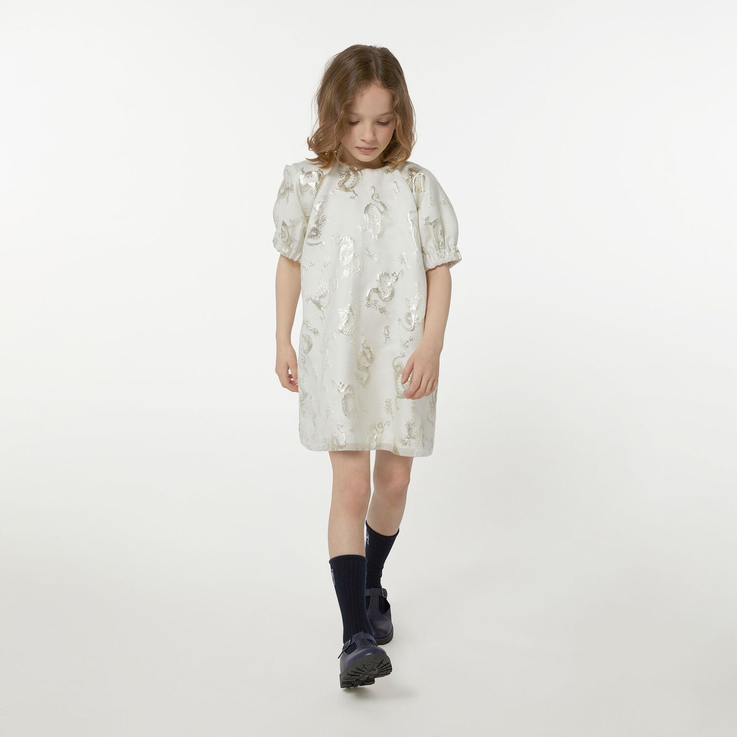 Girls Ivory & Gold Dragons Jacquard Dress, 1, hi-res