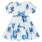 Girls White & Blue Floral Dress, 2, hi-res