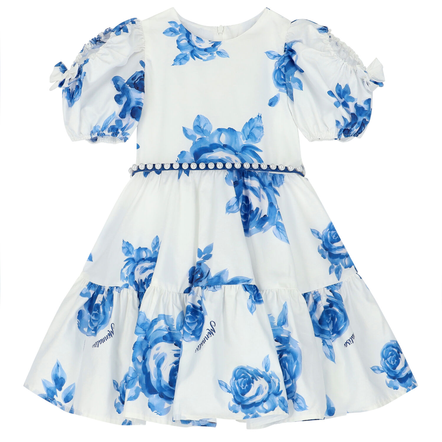 Girls White & Blue Floral Dress, 2, hi-res