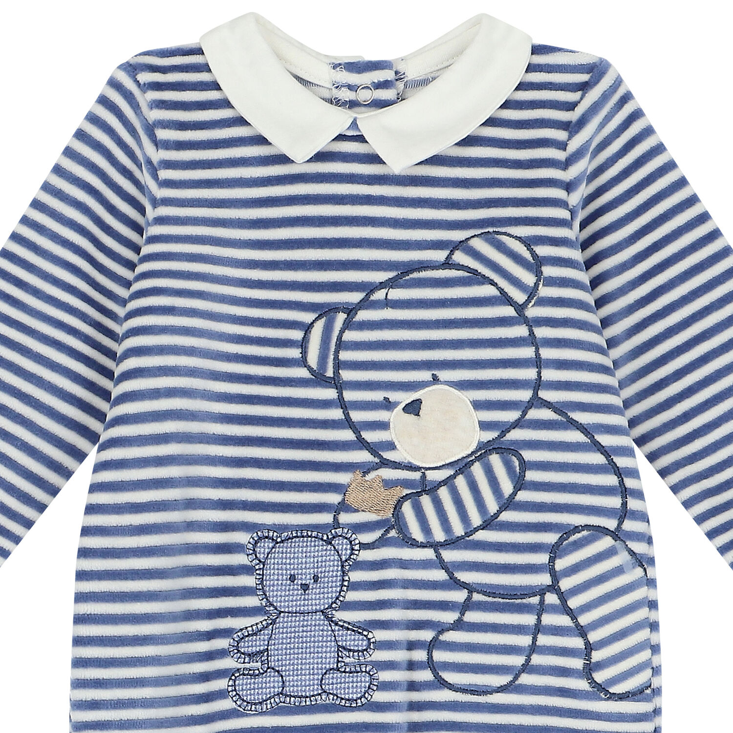 Baby Boys Navy & White Striped Velour Babygrow, 1, hi-res