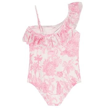 Girls White & Pink Palm Tree Swimsuit