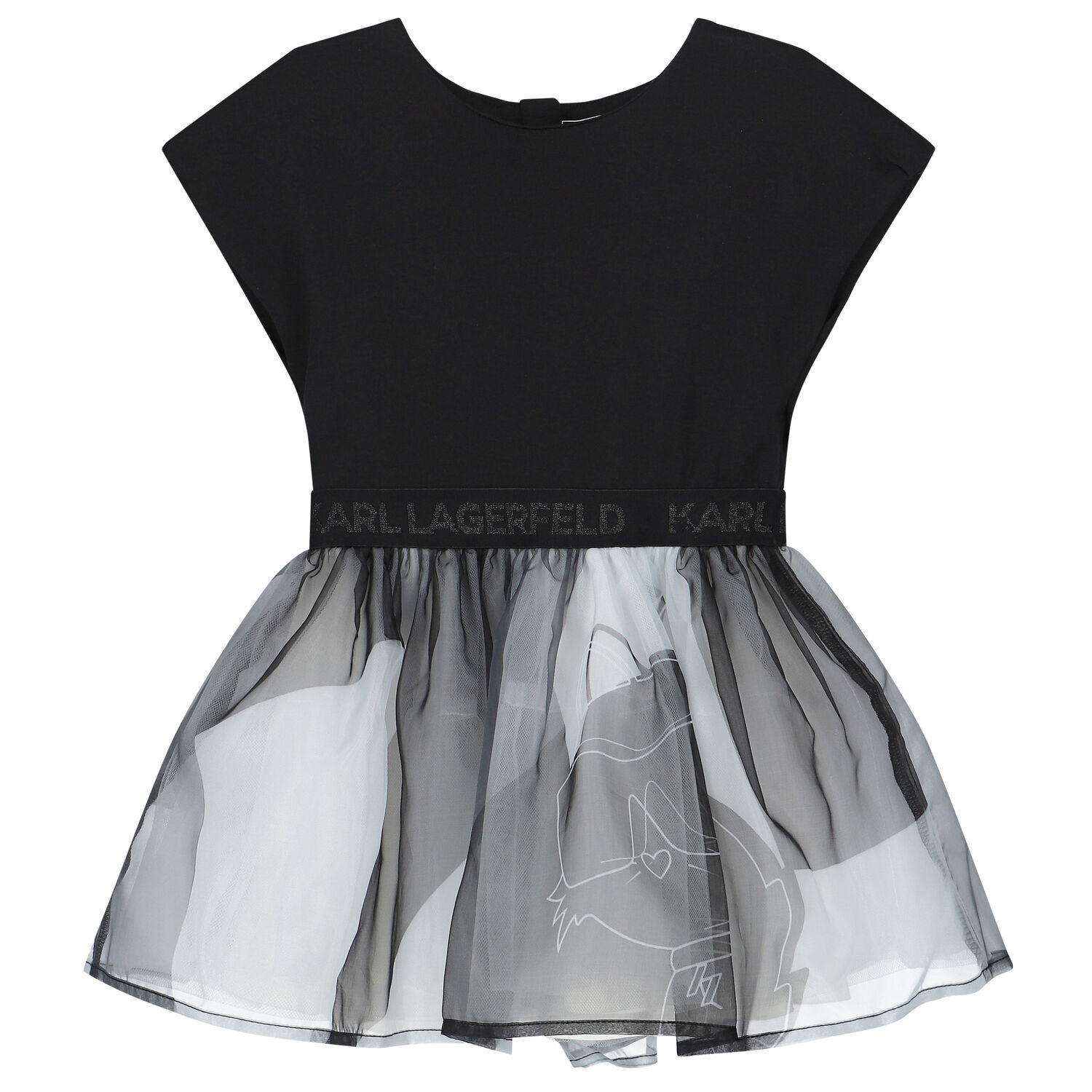 Younger Girls Black & White Logo Organza Dress, 1, hi-res