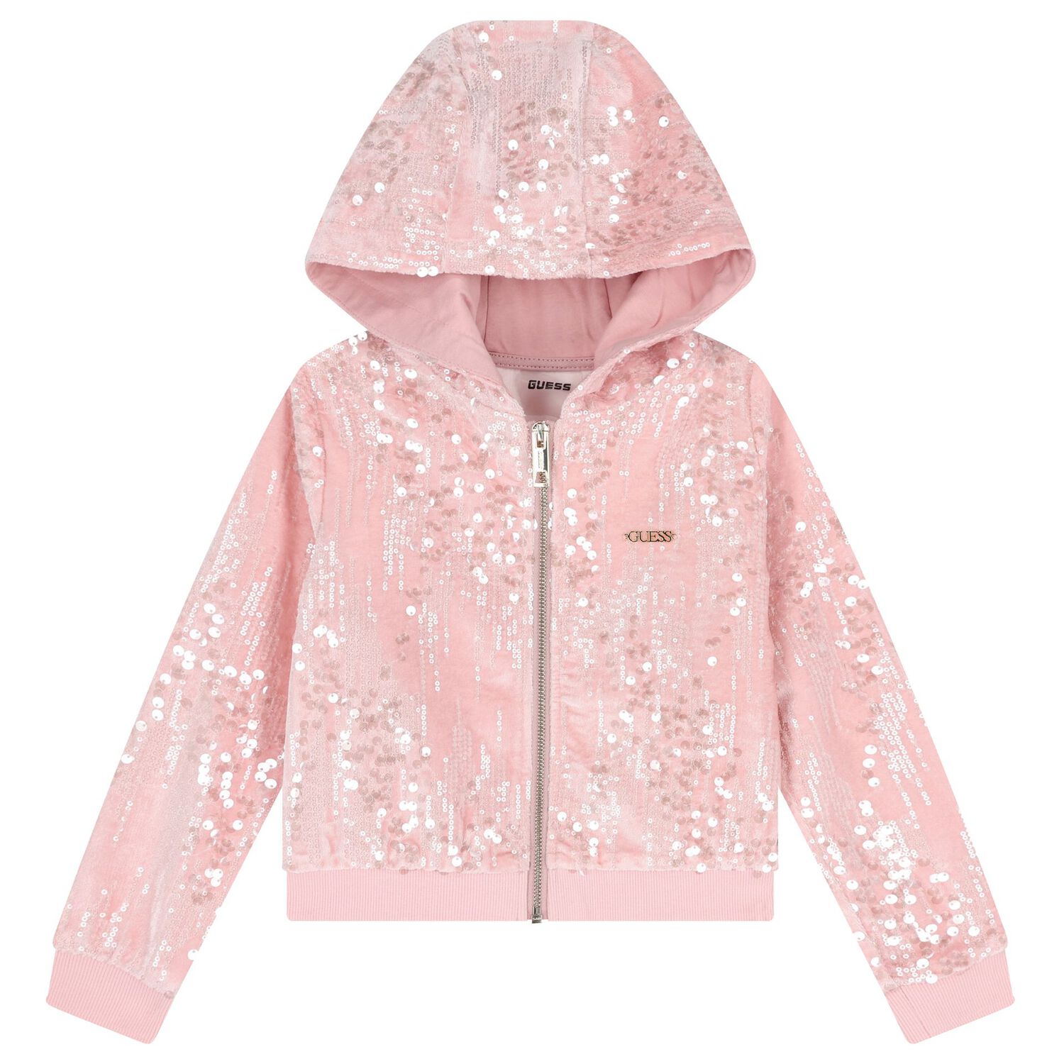 Girls Pink Sequins Hooded Zip Up Top, 1, hi-res