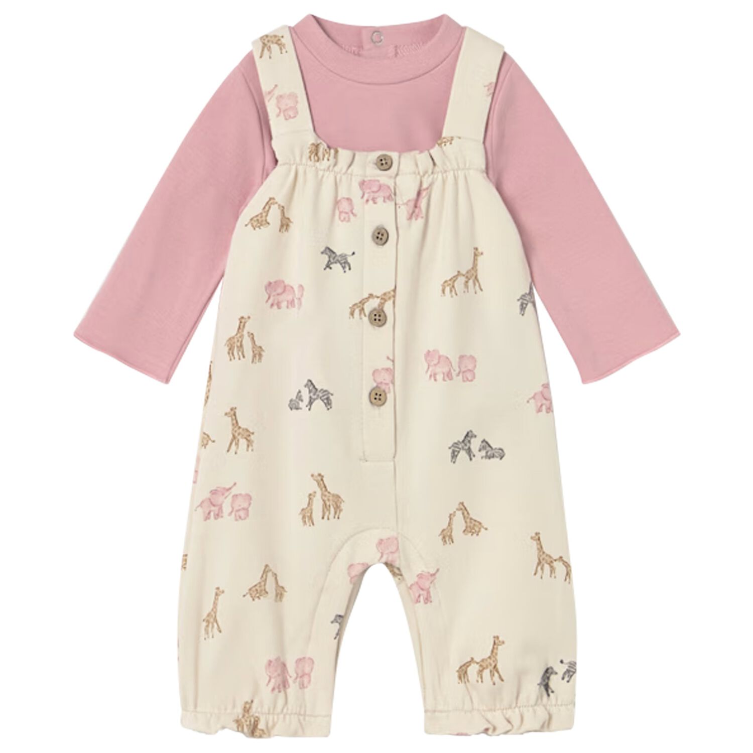 Baby Girls Ivory & Pink Animals Baby Dungaree Set, 1, hi-res