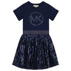 Girls Navy Blue Logo Sequin Dress, 1, hi-res