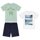 Boys White, Green & Navy Blue Shorts Set, 1, hi-res