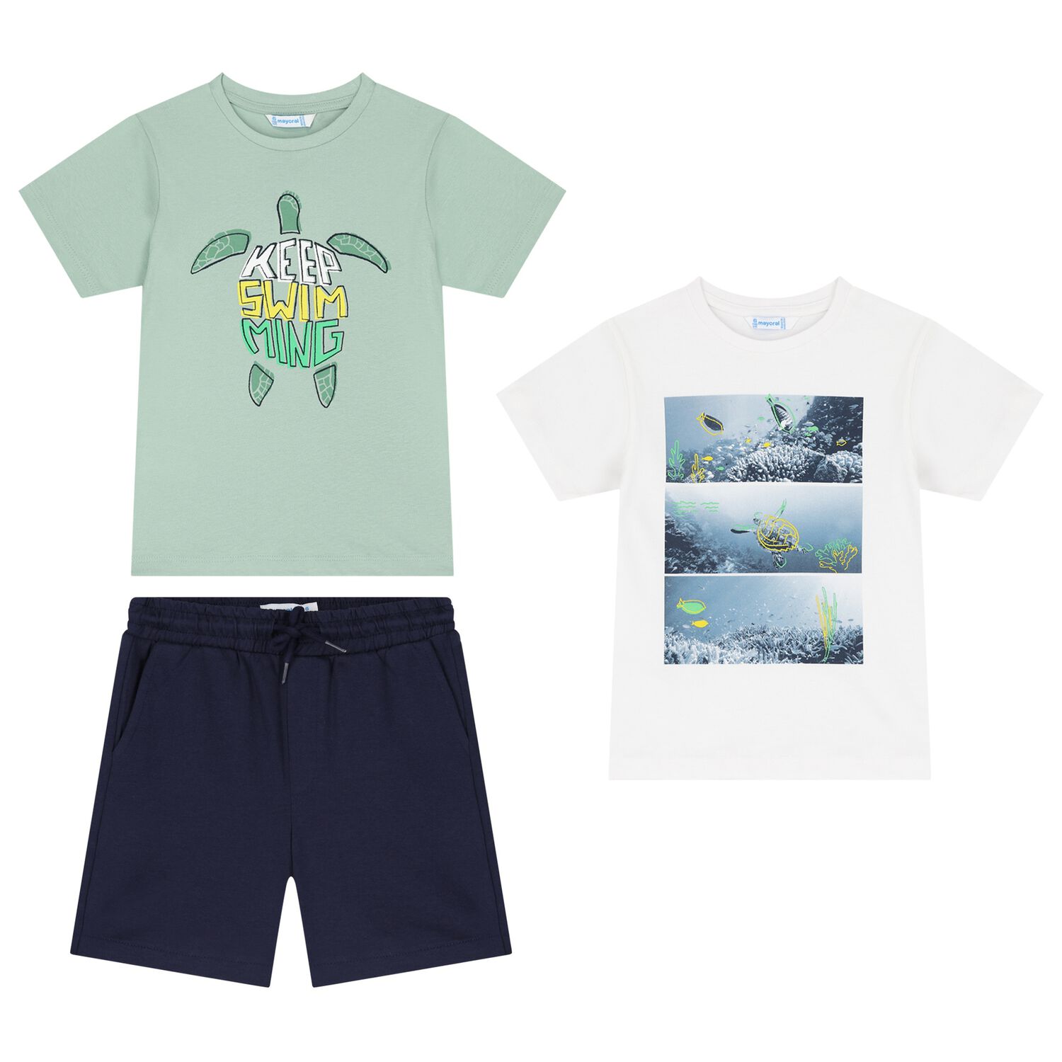 Boys White, Green & Navy Blue Shorts Set, 1, hi-res