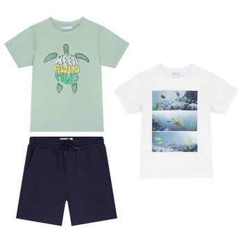 Boys White, Green & Navy Blue Shorts Set
