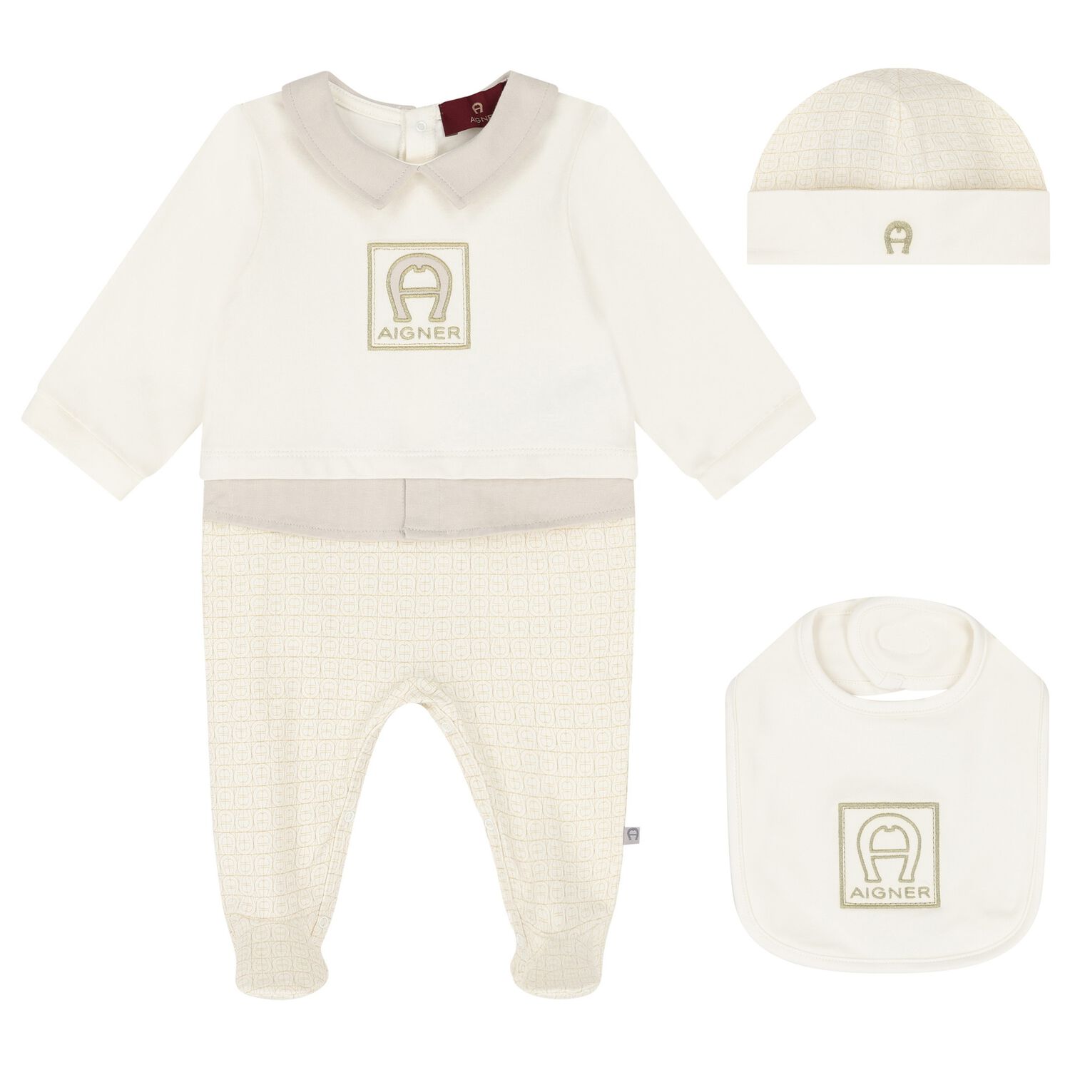 Ivory & Gold Babygrow, Hat & Bib Gift Set, 1, hi-res