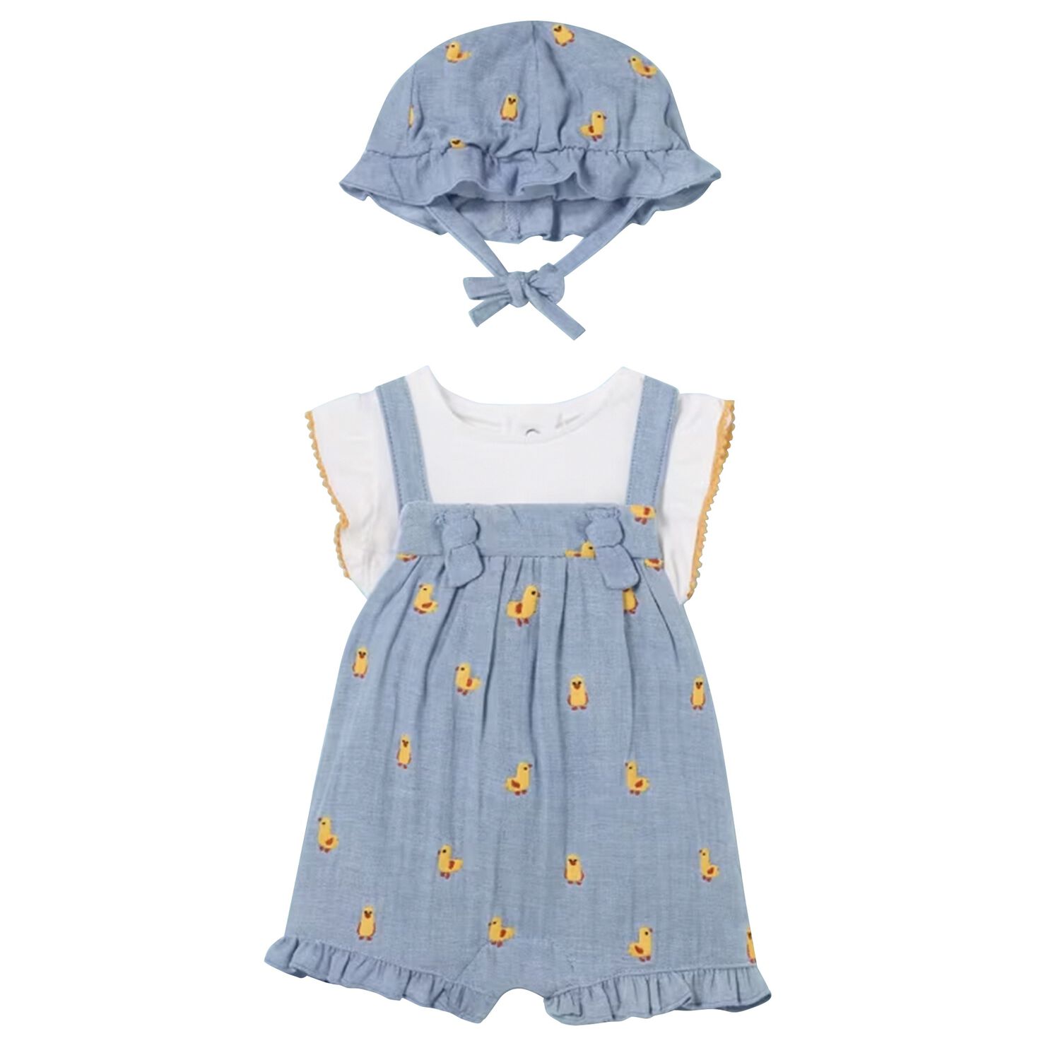 Baby Girls White & Blue Dungaree & Hat Set, 2, hi-res image number null