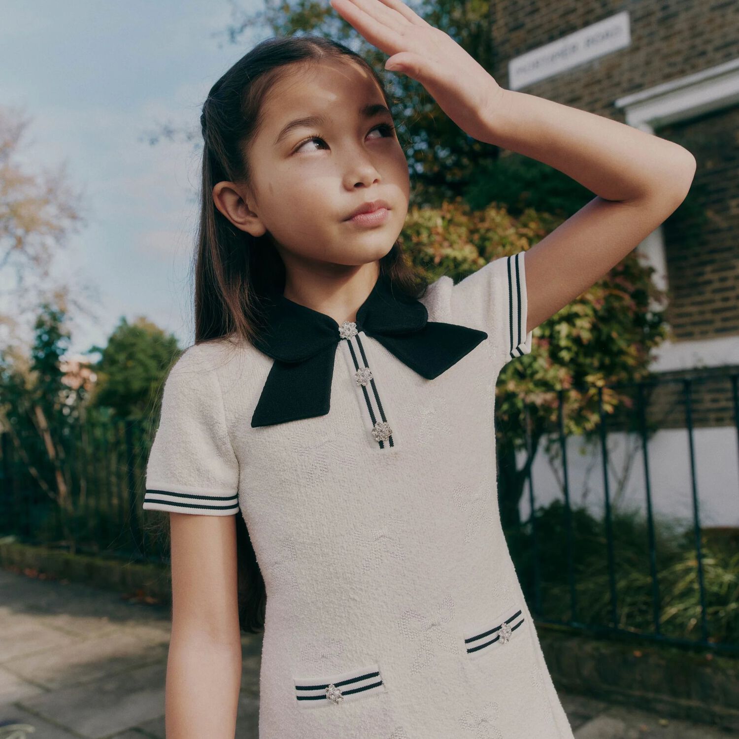 Girls White Jacquard Bow Dress, 1, hi-res